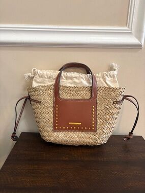 House of Harlow 1960 Straw Tote with Brown Leather Panel and Gold Studs